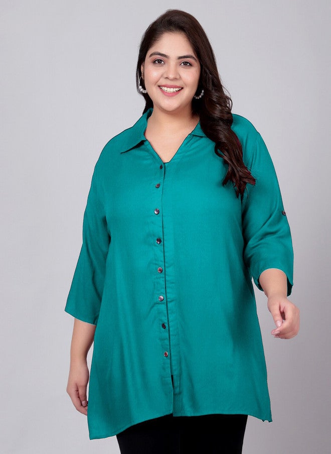 Indietoga Plus Size Classic Spread Collar Longline Casual Shirt - Image 1